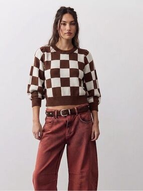 BaeVely Checked Brown & Cream Sweater With Puff Sleeves Size Small